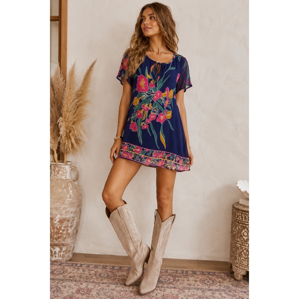 Show Me Your Mumu‎ Cait Tassel Micro Mini Dress Floral Boho Coachella Blue